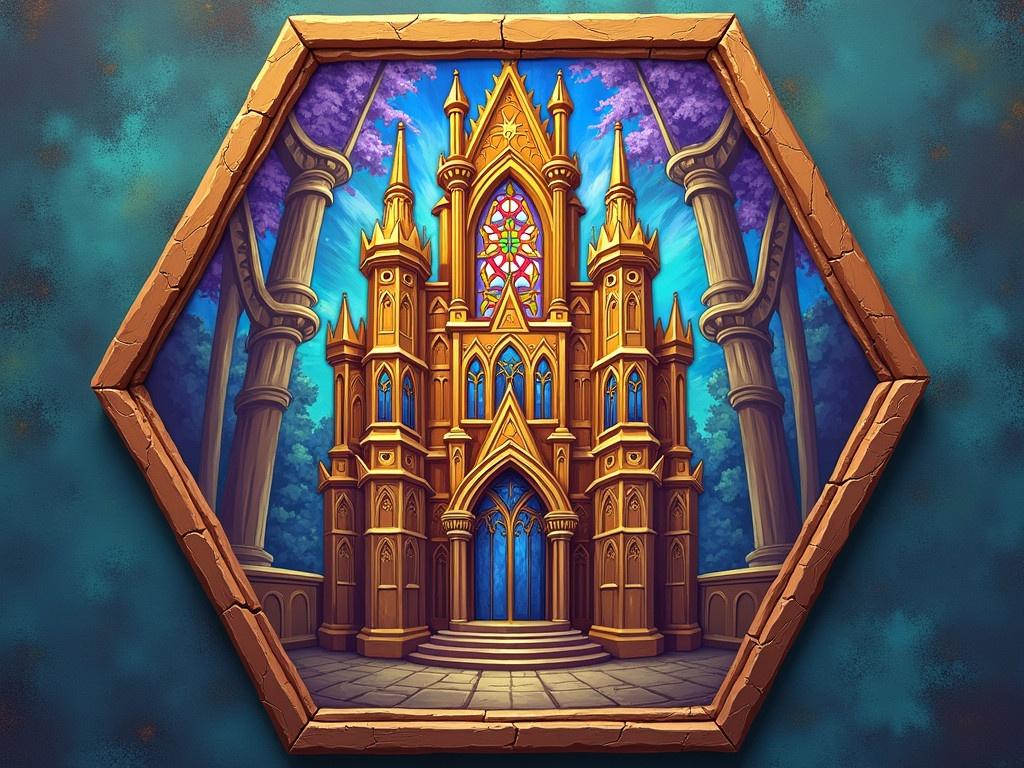 Create a colorful game tile featuring a hexagon shape as the base. The background should depict a stylized cathedral, with intricate details and a majestic design. Include arches, spires, and stained glass windows in vibrant colors to enhance the look. Use a fantasy art style to give it an otherworldly feel. The edges of the hexagon should be clearly defined to make it a perfect tile for a board game.