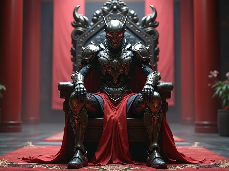 A warframe character seated on an ornate throne in a dojo. The atmosphere conveys elegance and strength.