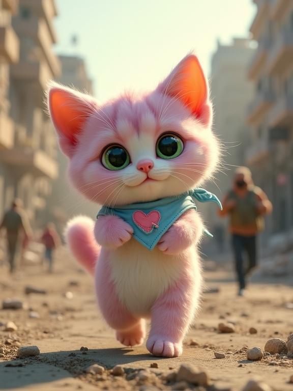 Fluffy anthropomorphic kitten with pastel pink and lavender fur and creamy white belly walks through ruined city streets. Kitten has large green eyes, oversized head, perky ears, and a light blue bandana with stitched pink heart. Kitten carries baby dressed in simple white onesie while navigating dust and destruction. Emotional contrast between innocent baby and determined kitten adds depth and hope.