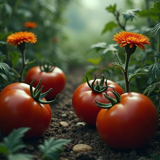 Creepy surreal garden featuring tomatoes with fangs and flowers with claws. Dark natural colors evoke a whimsical yet eerie atmosphere in the scene.