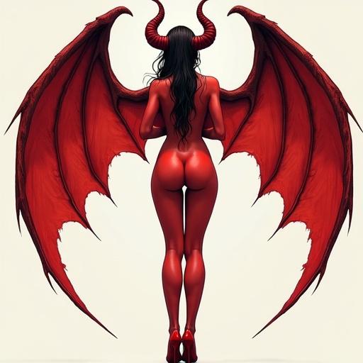 Depiction of a succubus character with distinctive horns and red skin. The figure faces away from the viewer showcasing impressive wings. Full color artwork with a low-angle perspective.