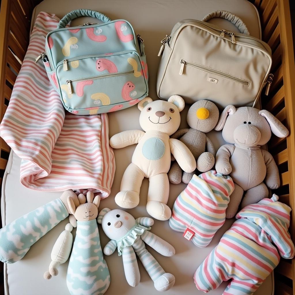 Image features a baby blanket, assorted diaper bags, and various soft toys arranged attractively.