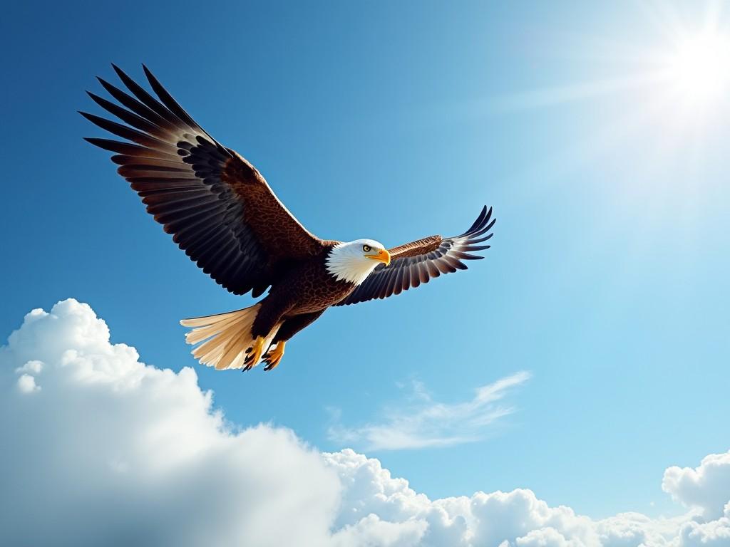 A majestic eagle flies high in the bright blue sky. Its wings are fully spread, showcasing its powerful feathers. The sunlight glimmers on its body, highlighting its sharp beak and keen eyes. Fluffy white clouds drift beneath the eagle, adding contrast to the scene. This image symbolizes freedom and empowerment, capturing the beauty of nature in motion.