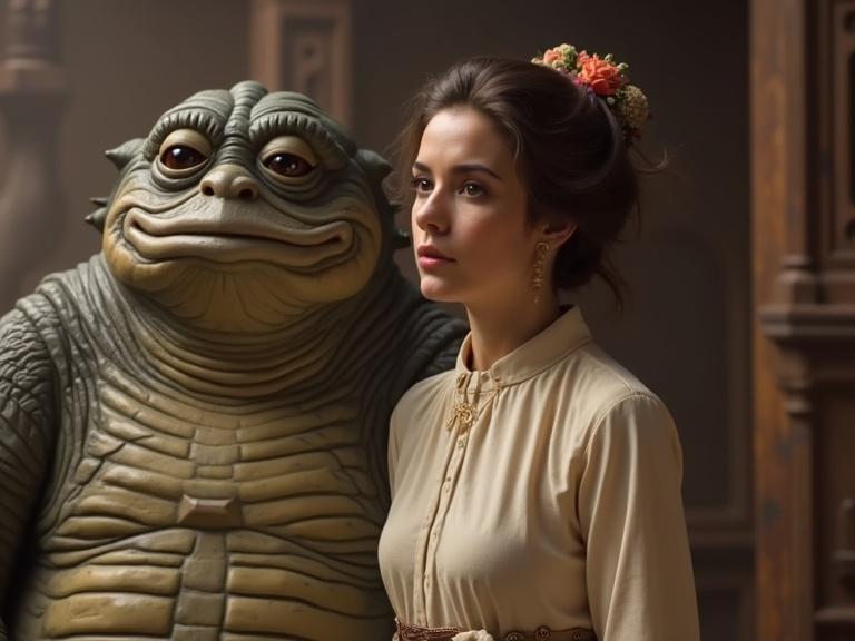 Chloe des Lysses poses gracefully next to a creature resembling Jabba The Hutt. The setting is an indoor scene with warm lighting and intricate details in the background.  The focus is on Chloe, stylishly dressed, with her hair elegantly styled and floral accents.