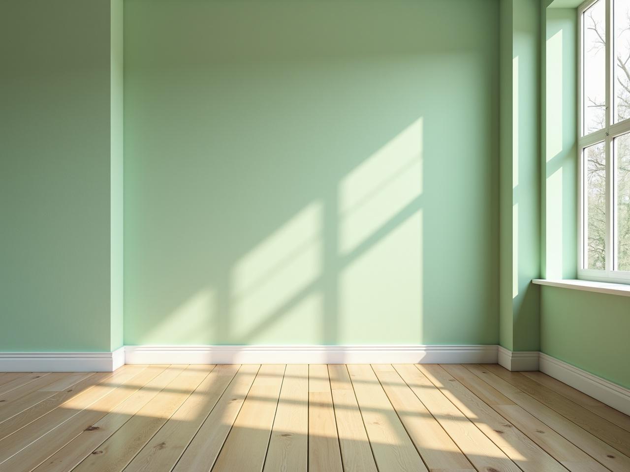 Generate a perspective view of a room from a 45-degree angle on the left side. The walls are painted in a soft green color and feature a textured finish. The floor is made of wooden planks arranged in a parallel layout. Sunlight filters through square windows, casting long shadows across the floor. The overall ambiance is calm and serene, highlighting the simplicity of the space.