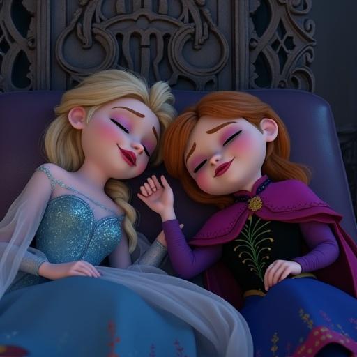 Anna and Elsa sleeping on the throne with open mouths. Both characters are drooling in their sleep. Cozy scene with soft lighting.