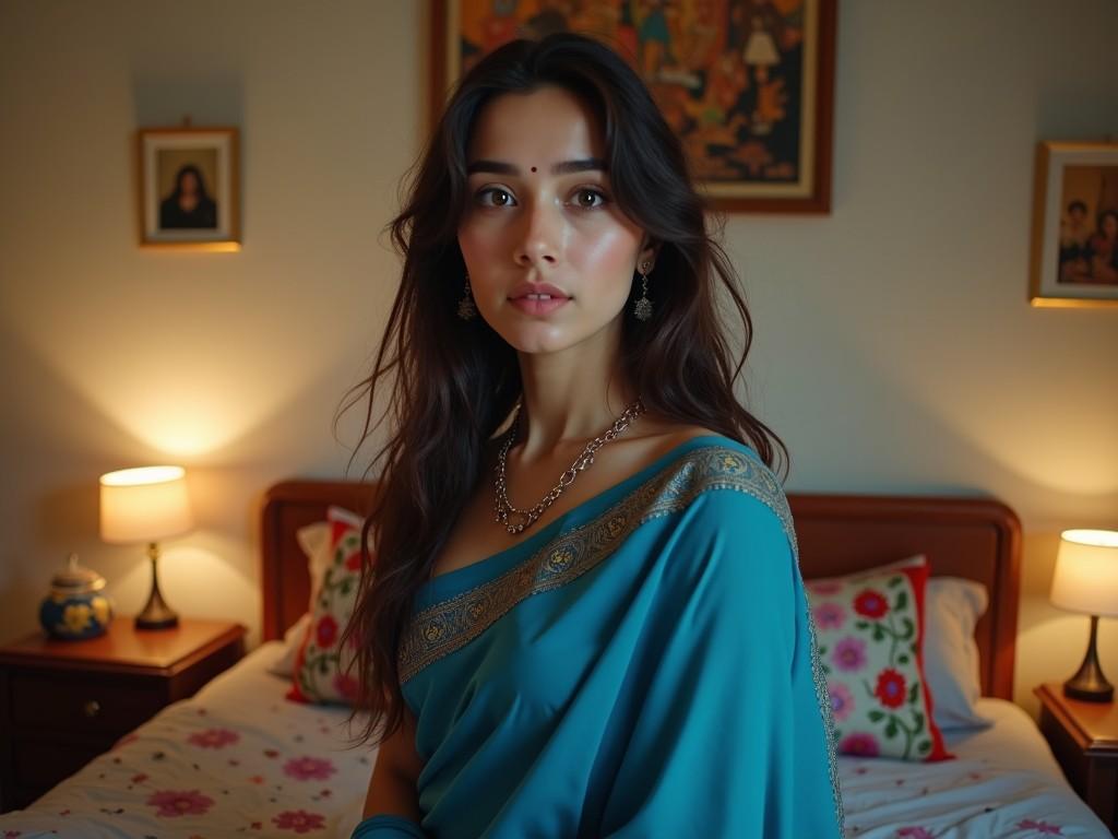 The image depicts a young woman beautifully dressed in a turquoise sari, adorned with intricate gold embroidery. She is seated on a bed, backed by a cozy setting with warm lit lamps and framed art. Her expression is serene and thoughtful, with soft lighting accentuating the calm ambiance of the room.