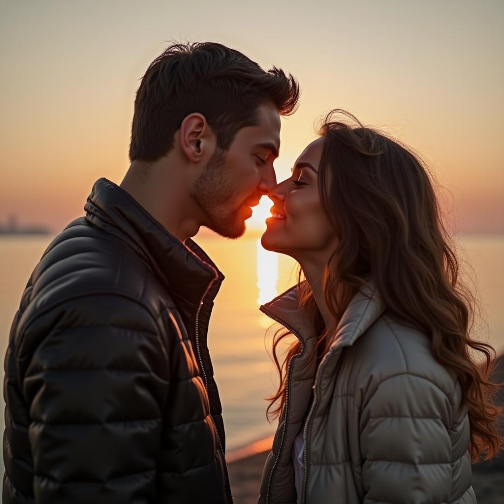 Two people kiss each other on the lips by the water during sunset. Soft lighting creates a romantic atmosphere.