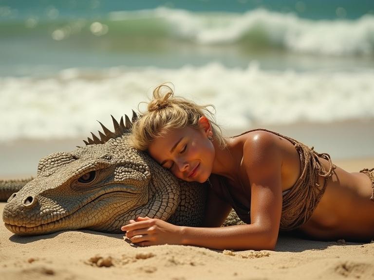 A peaceful scene of a tanned blonde girl lying on a sandy beach with a komodo dragon resting beside her. She wears a loincloth and tribal paint. Her skin glistens from the sun as she sleeps with a smile. Waves crash in the background.