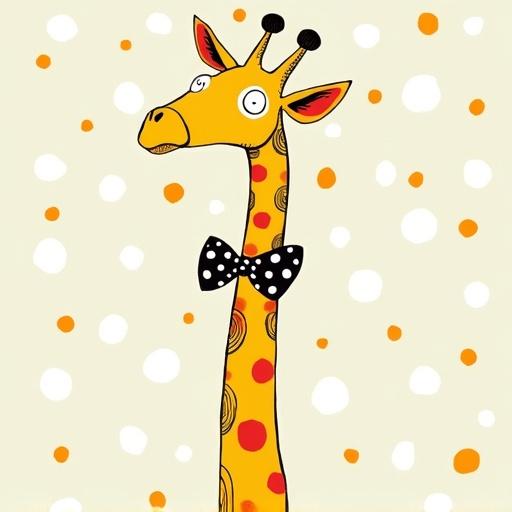 A tall giraffe with a polka-dot bow tie. The giraffe has a playful expression. Colors are bright and cheerful. Background features a playful polka-dot pattern.