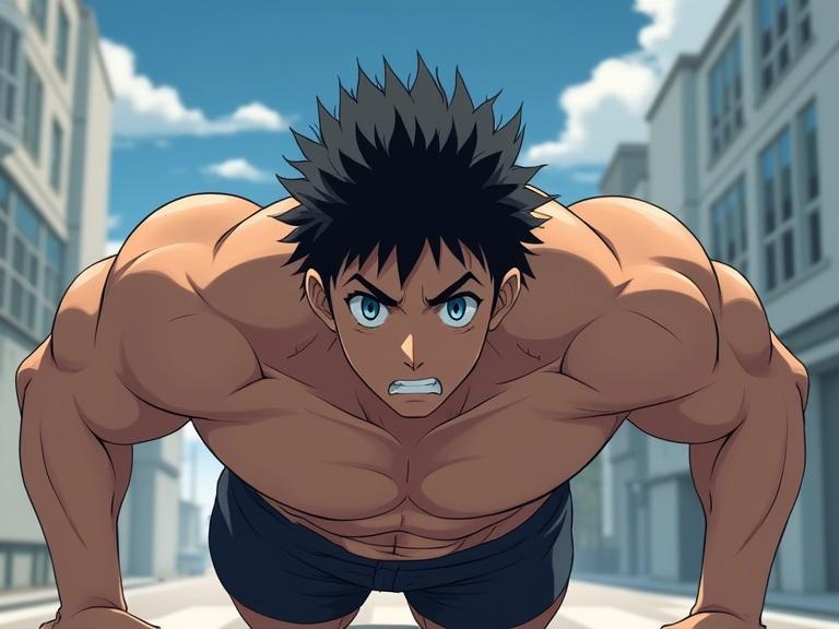 A muscular male anime character demonstrates push ups. Features include black spiky hair and intense blue eyes. The character appears determined and strong. Setting is a modern urban environment.