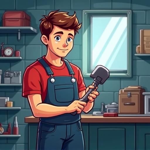 Cartoon image of a student boy working in a mechanic garage. The boy is 18 years old. He is learning the job. He holds a wrench. The background shows a garage with tools and shelves.