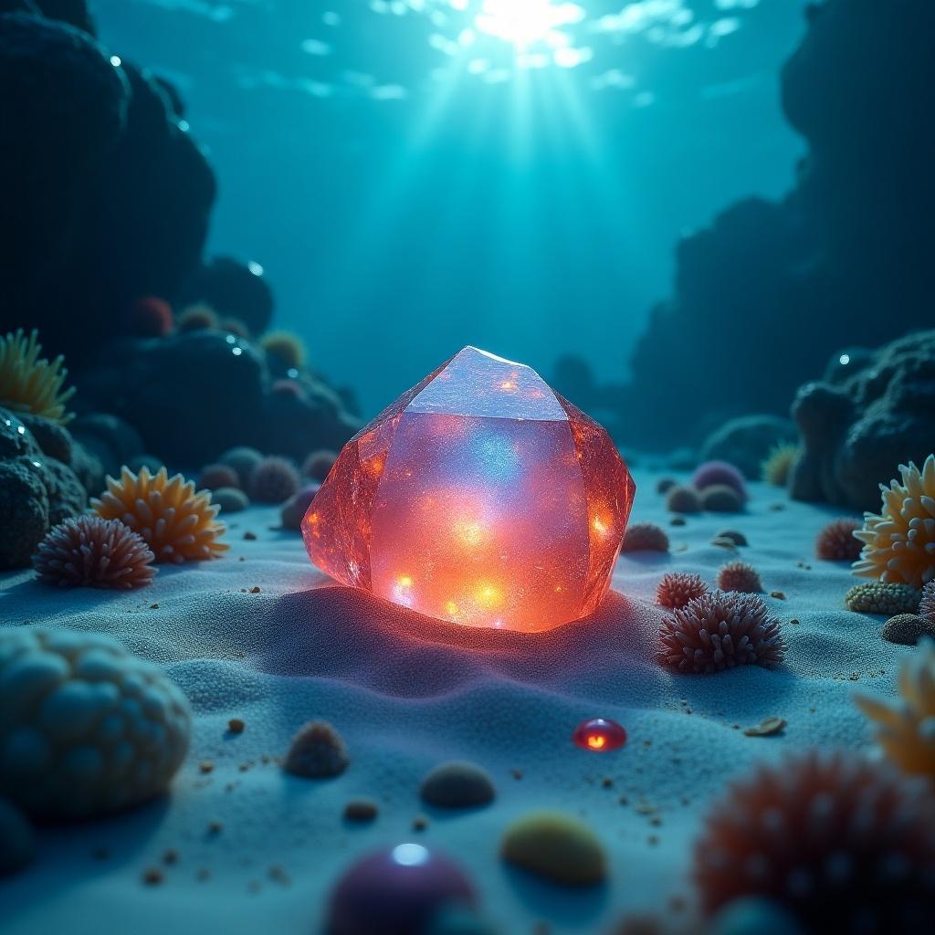 A gemstone resting on the ocean floor with glowing lights. Surrounded by coral and marine life. Rays of light shine down from above.