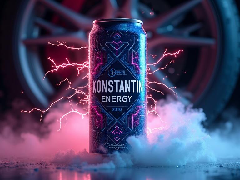 Hyper realistic futuristic energy drink can mockup. Sleek design with KONSTANTIN ENERGY label. Electric circuit decor. Lightning splash around the can. Show car wheel silhouette in background. Fog effects on the can. Epic low angle view. Close up shot with whirlpool of lightning.