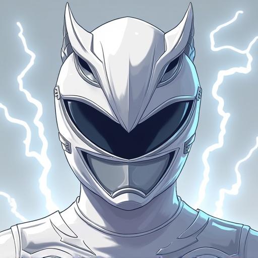 Stylized power ranger illustration featuring a white warrior helmet inspired by white tiger motifs. Helmet showcases silver teeth-like designs with a glossy finish. Light grey sky serves as the backdrop with vivid white lightning bolts striking behind. Art style resembles animated fan art.