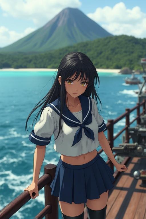 Young woman with long black hair and bright brown eyes. Wears sailor uniform with thigh-high military boots. She stands on deck of WWII battleship. Background features volcanic island with jungle and beach in the sea.