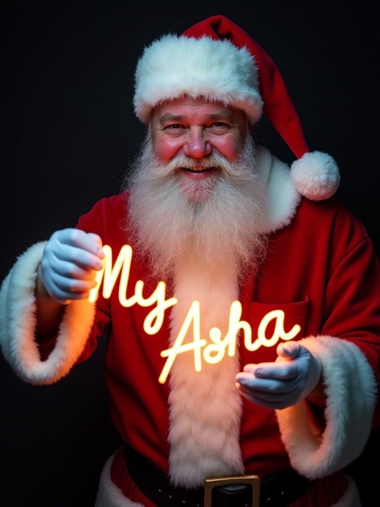 Image portrays Santa Claus in traditional attire. Santa holds a glowing sign with name 'My Asha'. Dark background enhances brightness of the sign. Santa displays a joyful expression. The image captures festive atmosphere of Christmas season.