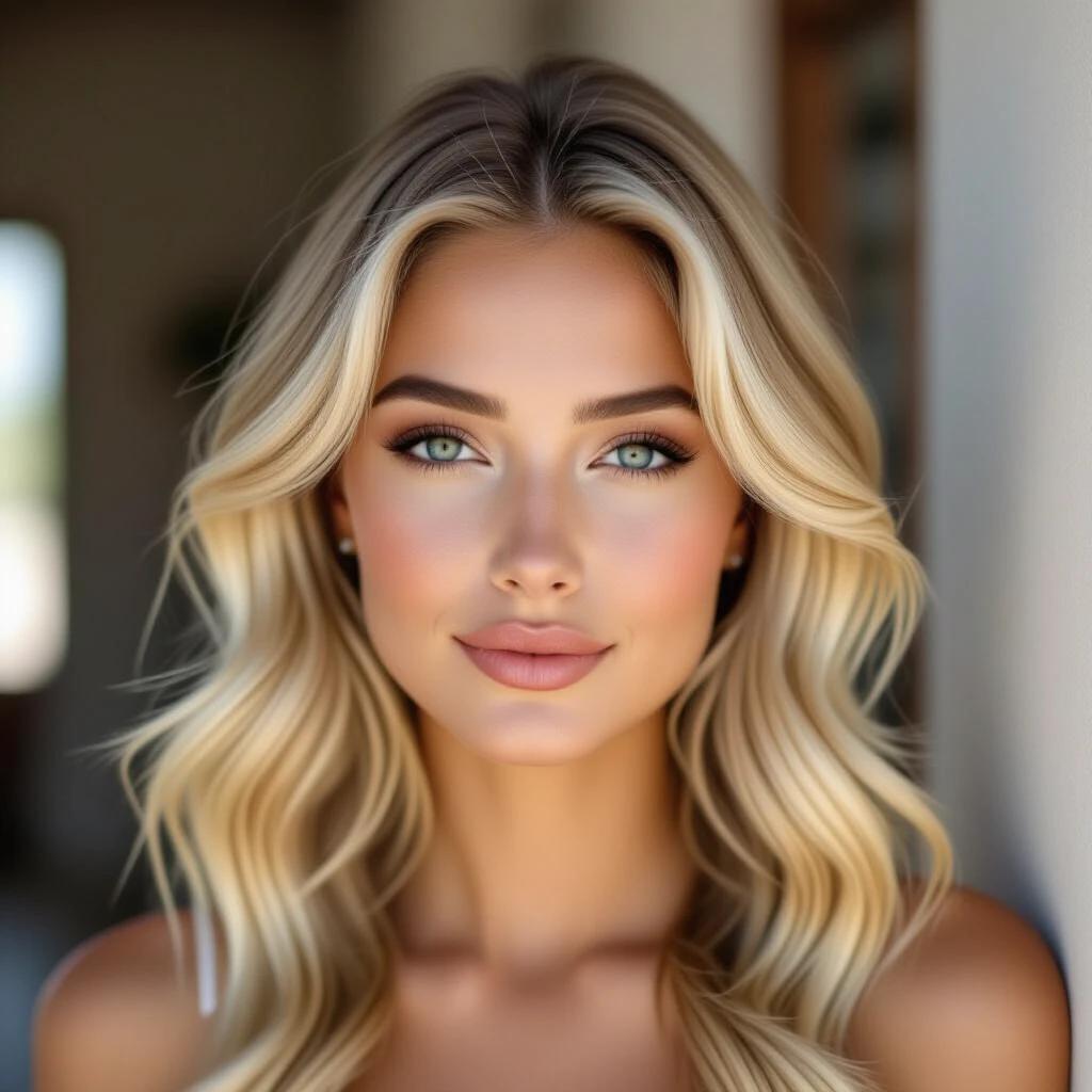 Image features a beautiful woman with blonde hair showcasing striking features. The focus is on her face with soft lighting enhancing her attractiveness.