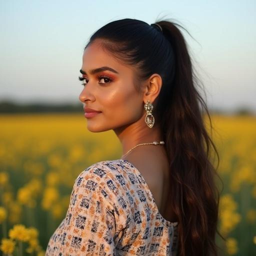 Headshot of a woman with Indian heritage in a modern style. No traditional attire. Light makeup enhances features. Casual printed top. Hair in a high ponytail. Bright field of flowers in the background. Natural lighting creates warm tones.