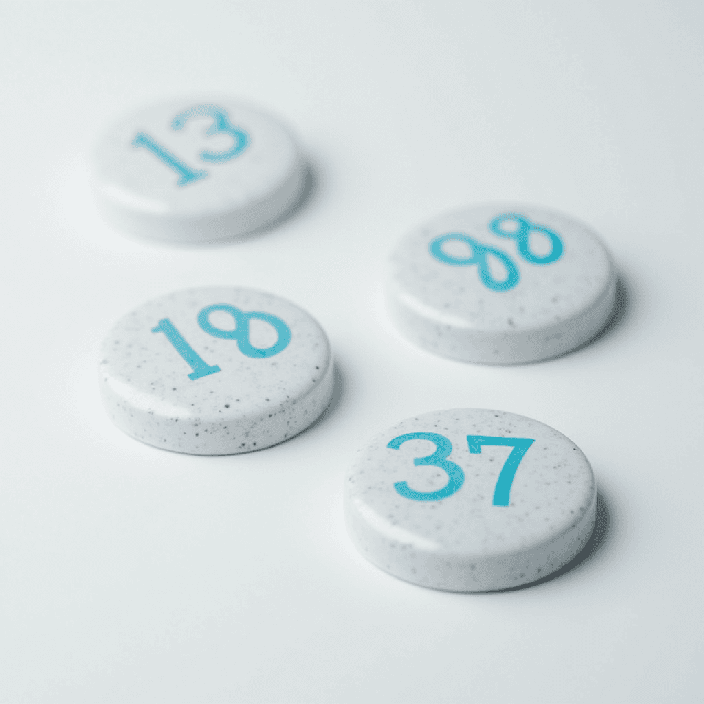 Four white discs with blue numbers are scattered on a smooth white surface.