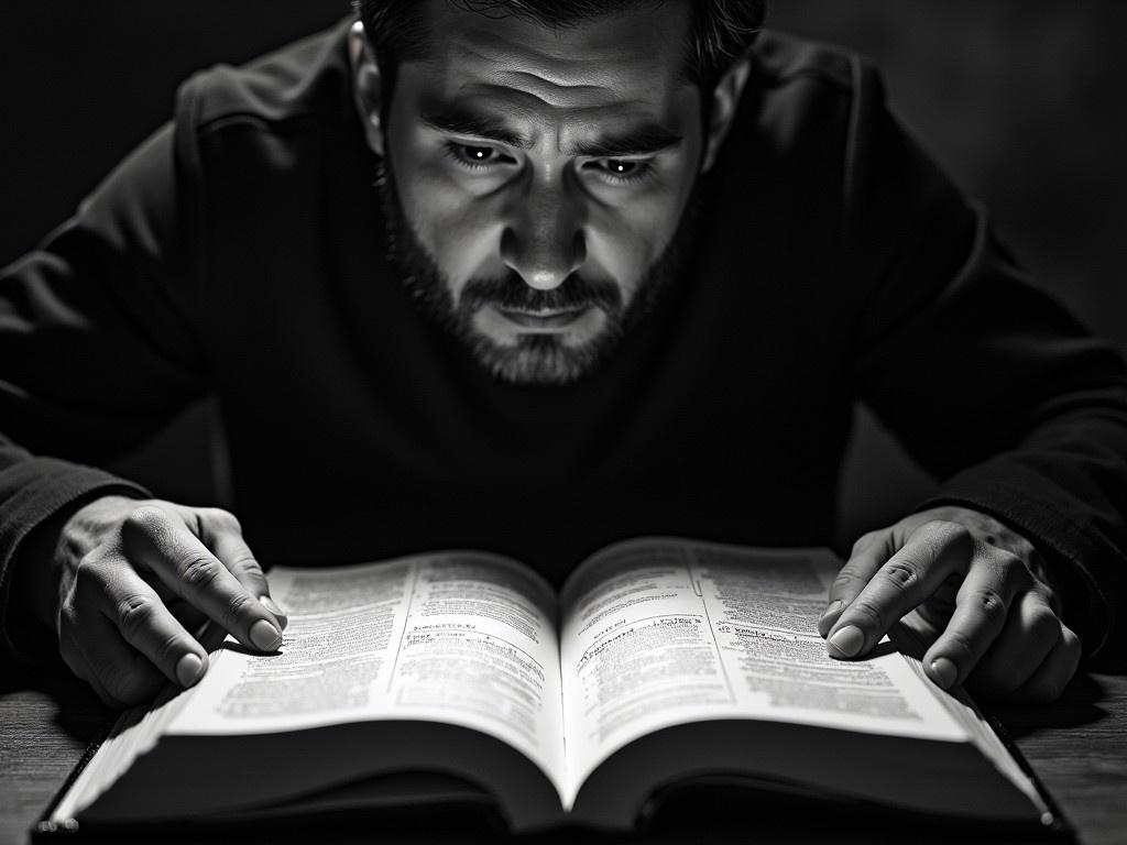 A man is intensely reading an open book in a dimly lit room. His face is closely lit, revealing a look of concentration and curiosity. The book's pages are filled with text, suggesting deep content within. His fingers gently glide over the words, indicating engagement and thoughtfulness. The contrast between light and shadow enhances the mood of contemplation.