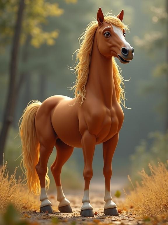 A friendly animated horse stands in a lush forest. Soft lighting casts a warm glow. The horse has a shiny golden mane and a friendly expression. The background features a peaceful woodland path.