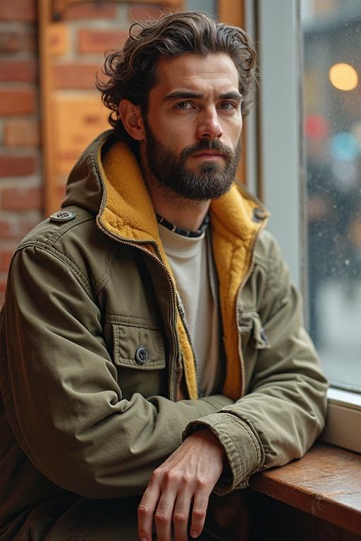 A man with a beard sits by a window. He wears a brown jacket with a yellow lining. The background features a brick wall. The scene has a cozy and relaxed vibe.