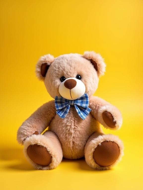 Photo features a cute teddy bear sitting against a bright yellow background. Warm yellow lighting enhances its fluffy light brown texture. Bear has black eyes and a brown nose with a white snout. It wears a blue and white plaid bow tie. Front paws are outstretched, showcasing brown paw pads. Slight shadow on the ground emphasizes depth in a clean composition. The image is inviting and suitable for children, conveying a cozy and warm feel. Shot in a studio with even lighting.