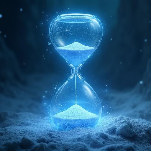 Create an abstract time-stop magic spell in a realistic fantasy art style. Focus on a stylized, bluish hourglass glowing with ethereal energy. Hourglass appears to suspend time with sand frozen mid-air. Surround with mystical runes and magical particles. Background is dark and moody, suggesting a timeless void.