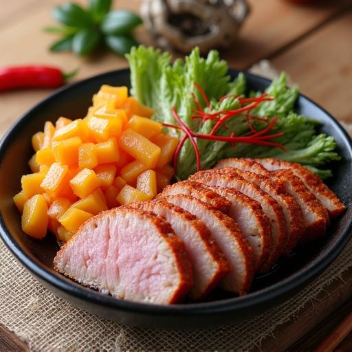 Sliced duck breast served with diced mango and fresh greens on a black plate. The dish is elegantly arranged with vibrant colors and natural light.