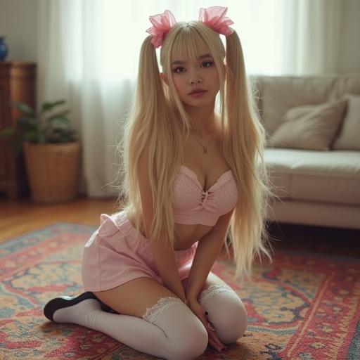 Subject with long blonde hair and twin tails kneels on a colorful rug in a cozy living room. Wearing a pink crop top, pale pink skirt, and thigh-high lace socks with shoes. Focus on beautiful face and outfit details. Low resolution with pixelation and oversaturation indicating an older photo style.