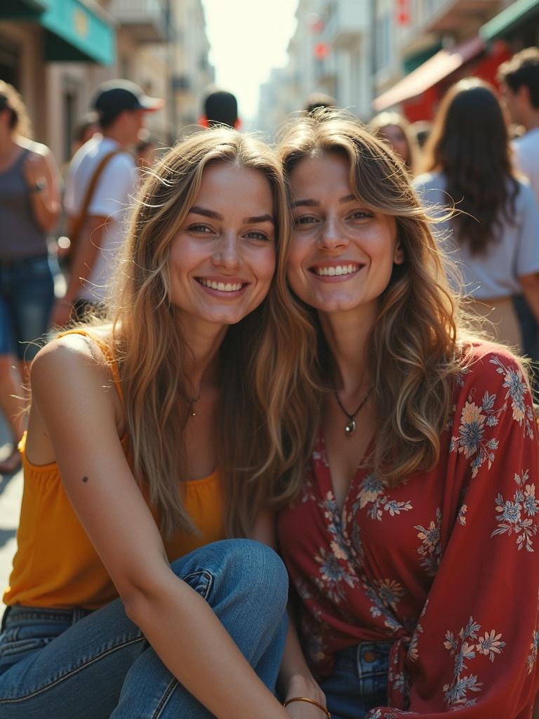 Include two young women in casual clothing posing together on a vibrant city street. Background indicates a lively atmosphere with people and shops. Warm natural lighting enhances the scene.