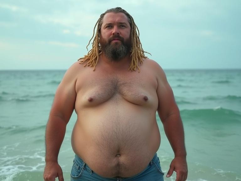 A surprised handsome young man stands in the ocean. He has blonde dreadlocks and an obese belly. He is clean-shaven and presents a sense of joy and surprise.