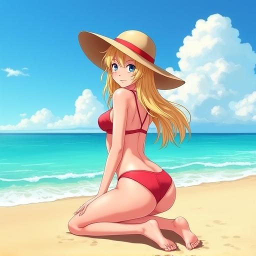 Anime-style girl wearing a red bikini and wide-brimmed straw hat kneeling on golden sand beach. She has long blonde hair and is looking back over her shoulder with a gentle smile. The beach features calm turquoise waves, bright blue sky, and fluffy white clouds. Her feet are visible in the foreground with realistic details.