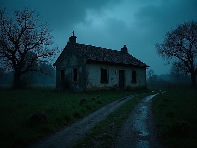 Image of an abandoned house at night. Dark blue and gray tones create a gloomy atmosphere. A dirt road leads to the front of the house. Surrounding trees are bare, enhancing the sinister feel. Shot from a low angle to emphasize the loneliness. Captures a sense of fear and abandonment.
