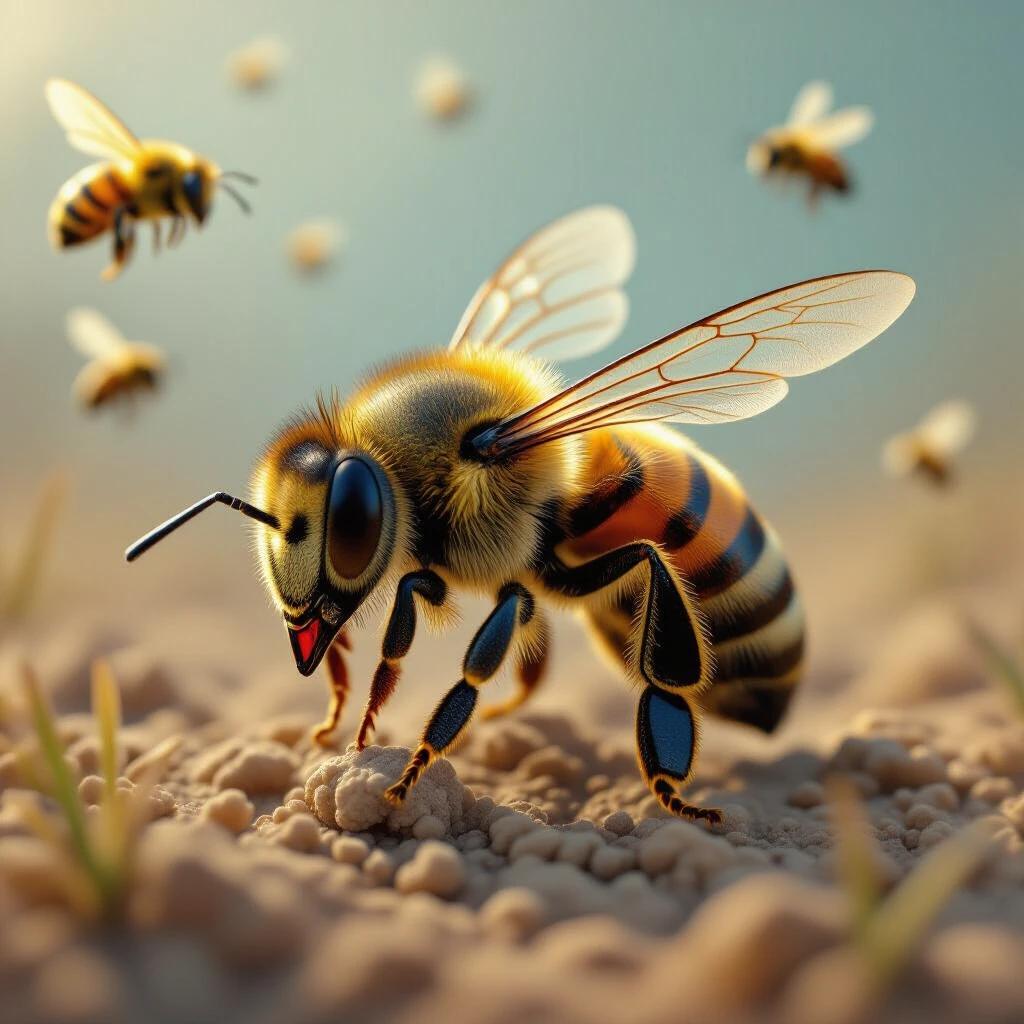 Detailed view of honeybee Apis mellifera. Surrounded by other bees. Macro perspective with soft focuses. Hyper-realistic style in a natural environment.