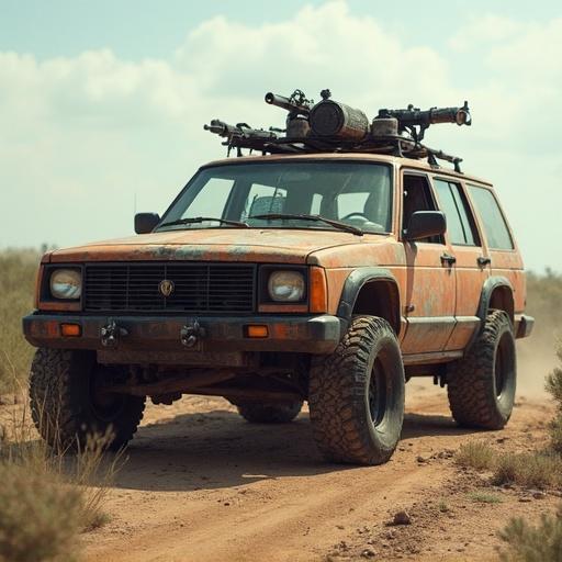 A heavily modified off-road vehicle designed for post-apocalyptic survival. Vehicle has various weapons attached. The scene evokes a harsh, desolate atmosphere reminiscent of adventure and exploration.