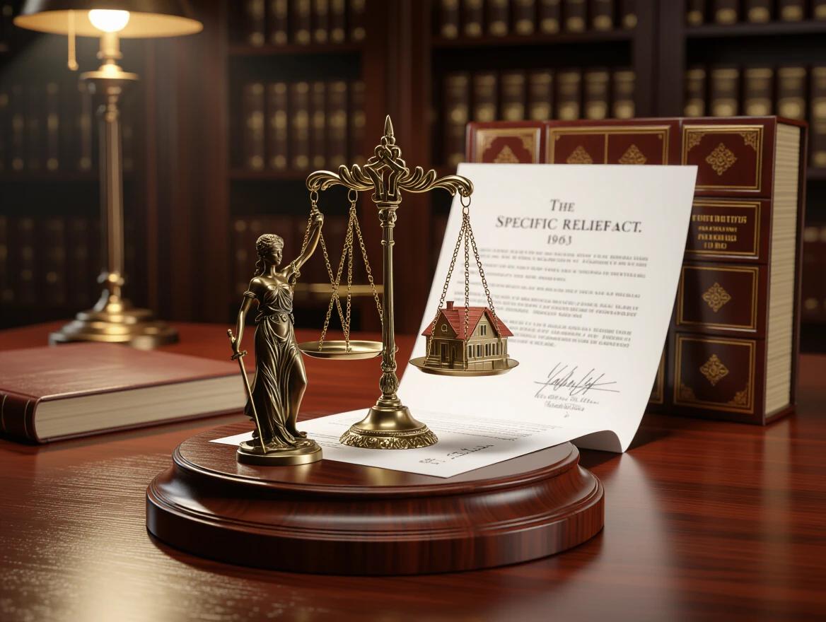 Cinematic wide-angle view of a polished mahogany desk. Feature a balanced brass scale of justice. One side holds a detailed model of a house. The other side holds a signed contract. A leather-bound law book titled 'The Specific Relief Act, 1963' is blurred in the background. The lighting is dramatic and professional.