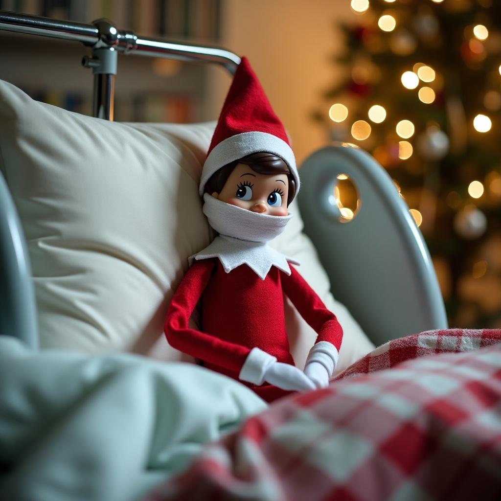 Elf on the shelf doll in a hospital bed. Elf wrapped in bandages. Elf wearing a red outfit. Elf sits upright on soft pillows and blankets. Festive holiday setting with a tree in background.