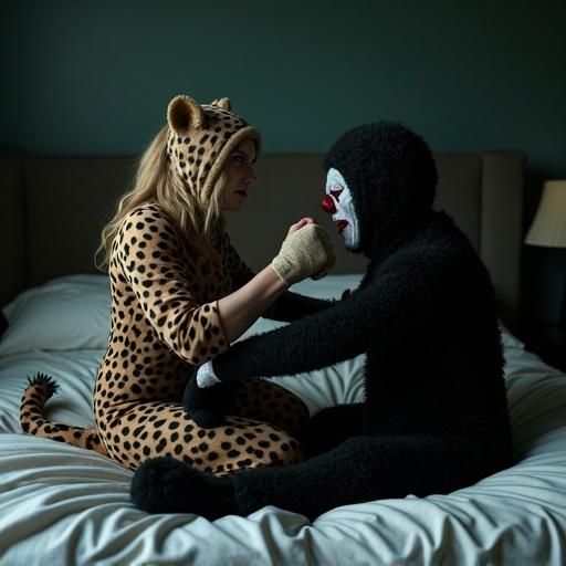 A woman in a cheetah costume wrestles with a large clown puppet on a bed. The woman has blue eyes and blonde hair. The room is dark. The cheetah costume includes ears, a balaclava, gloves, and a tail. The clown-like puppet appears larger than the woman. Composition focuses on their dynamic interaction.