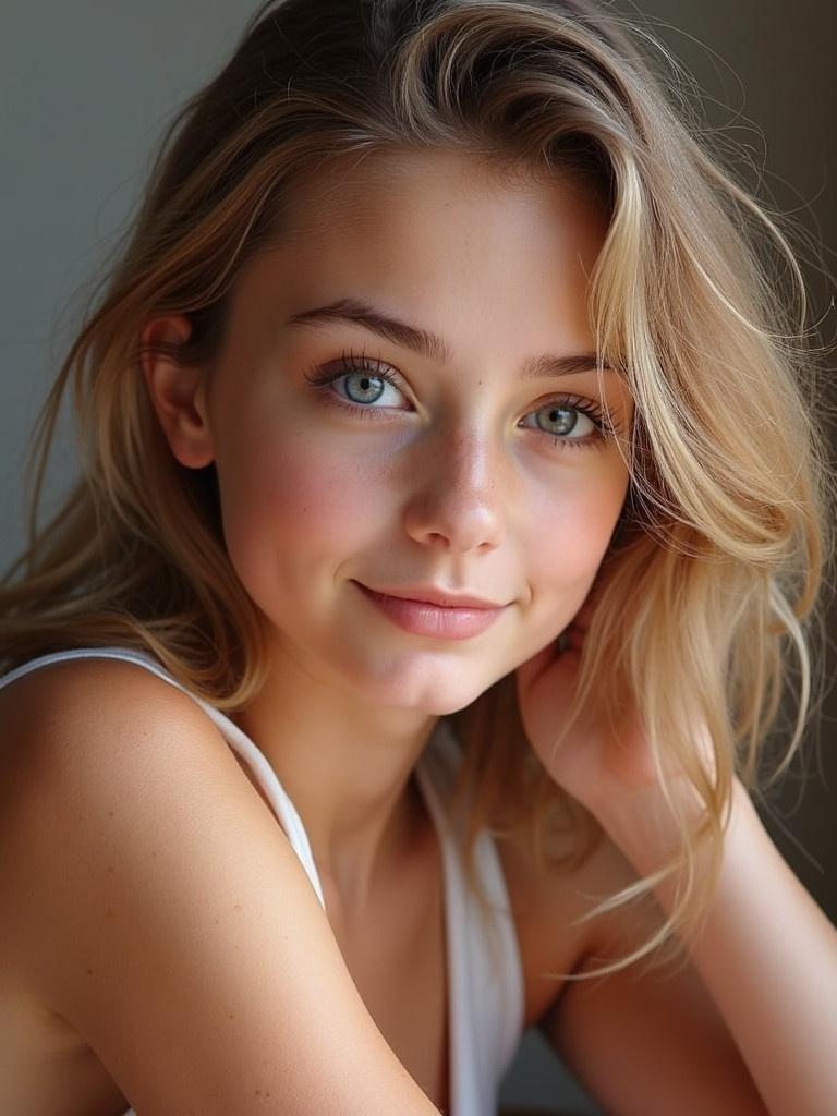 A close-up shot of a person sitting. The individual has wavy blonde hair. Soft lighting provides a warm atmosphere. The focus is on the person's shoulders and hair.