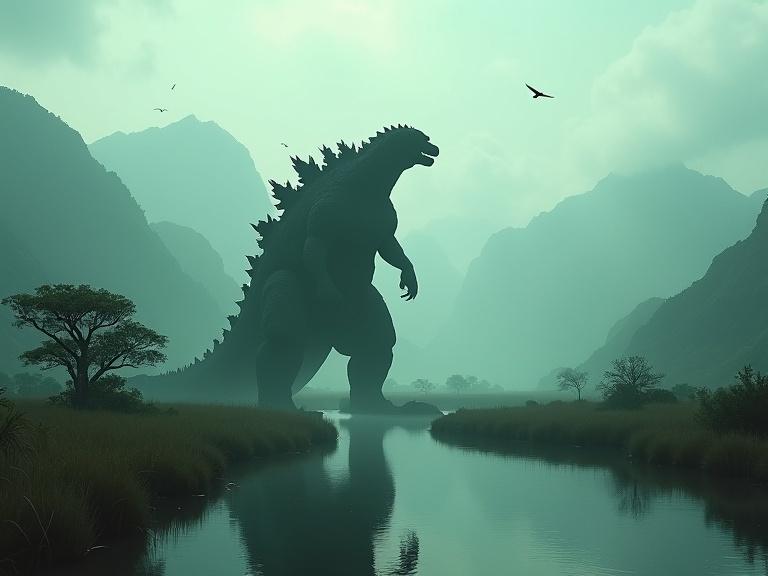 Cinematic atmosphere created by fog and shadows. Massive dinosaur figure walking through a lush, grassy landscape with reflective water. Includes trees and small birds in the background. Mountains surround the scene providing depth. Atmospheric effects create a mysterious look in grey-green tones.