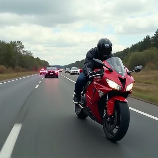 ZX14R motorcycle is riding on a highway. Several police cars are trailing behind the bike.