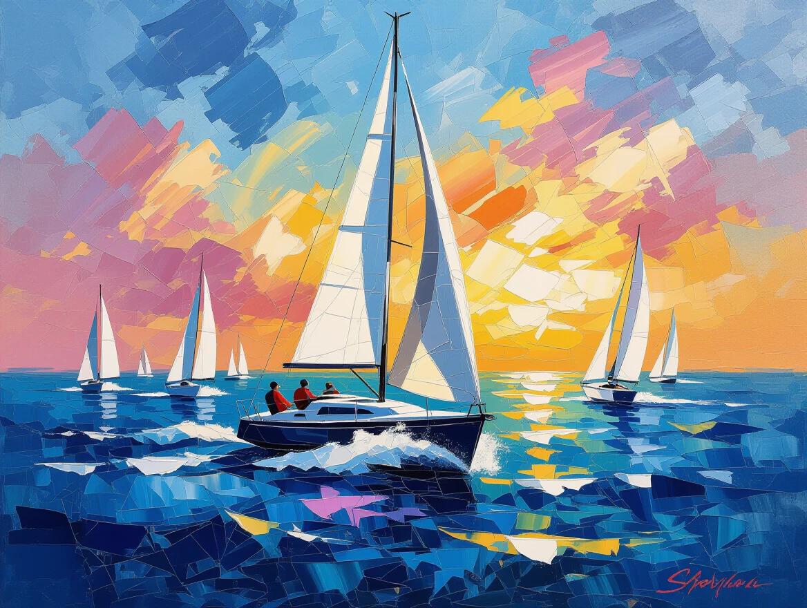 Vibrant sailboat race on water. 3D artwork using impasto and craquelure techniques. Features soft brush strokes and deep color palette.