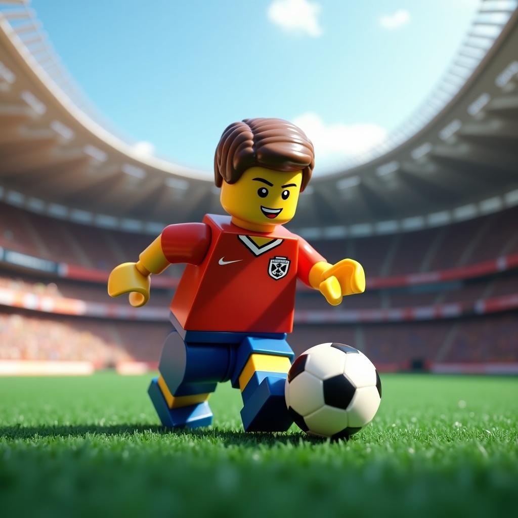 Lego footballer in red jersey runs with a soccer ball in stadium with green grass.