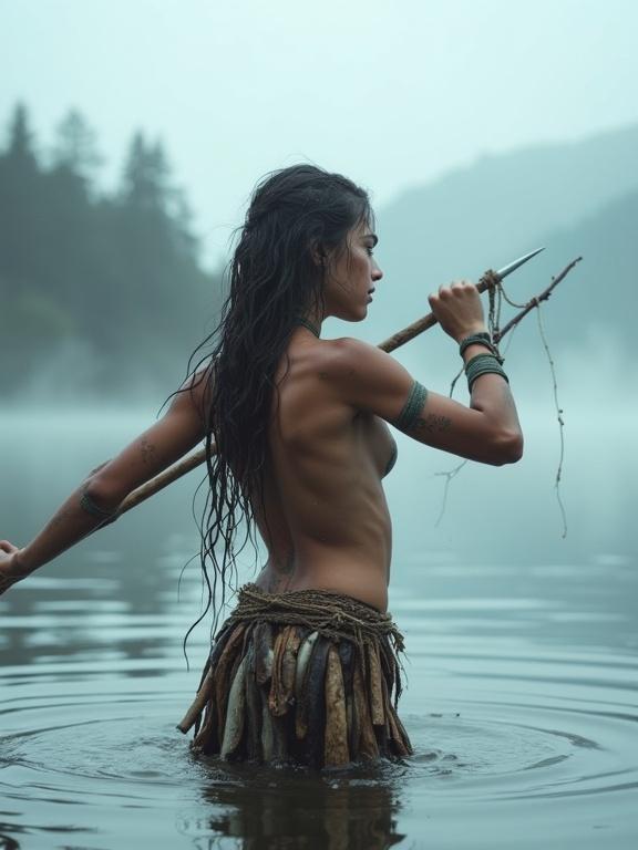 Photorealistic portrait of young female huntress standing waist-deep in misty lake at dawn. Caught in moment of throwing harpoon toward fish. Body twisted with muscles tensed. Intense gaze on prey. Long wet hair tied with sinew cords. Skin marked with tribal designs. Clothing made of bark and hide. Freshly speared fish on primitive string belt. Fog over water with forested shores and mountains in background. Cold lighting with depth of field and gritty realism.