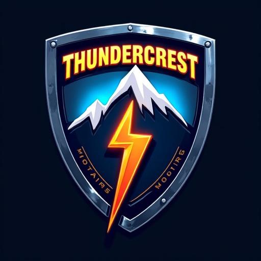 A bold shield-like emblem has sharp angles and metallic finish. It features a stylized thunderbolt cutting through a mountain peak. The primary color is deep electric blue with silver chrome accents. The highlights are glowing amber/orange. The typography uses thick uppercase sans-serif font, aggressive and clean. 'THUNDERCREST' arches above and 'MOTORS' is below.