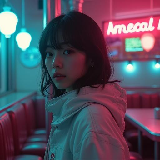 A lone Japanese girl in a retro American diner with moody lighting. Neon highlights create a surreal blend of reality and fantasy. Spacesuit discovery mixes live-action with anime effects. Emotional dance motion captured with a cinematic handheld camera feel. Expressions of conflict and liberation.