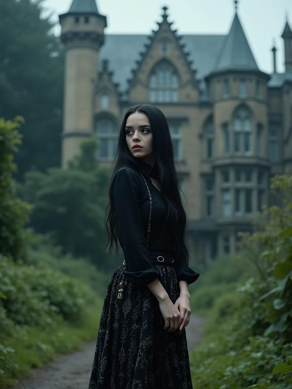 Surreal scene of an enigmatic girl standing in front of a Gothic mansion. Mist envelops the scene. Dark fashion with intricate patterns. Pale skin and long black hair. Artistically rich with an ominous atmosphere.