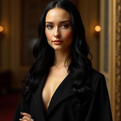 high-performance female android with serene smile inspired by Mona Lisa. Elegant office suit full body visible. Face blending classical oil painting style with futuristic metallic texture. Delicate glowing circuit patterns on cheeks and forehead. Eyes deep and intelligent with subtle electronic glow. Hair in glossy black waves like Mona Lisa. Background is dimly lit Renaissance-style room with warm soft lighting. High-resolution skin texture. Semi-realistic style.